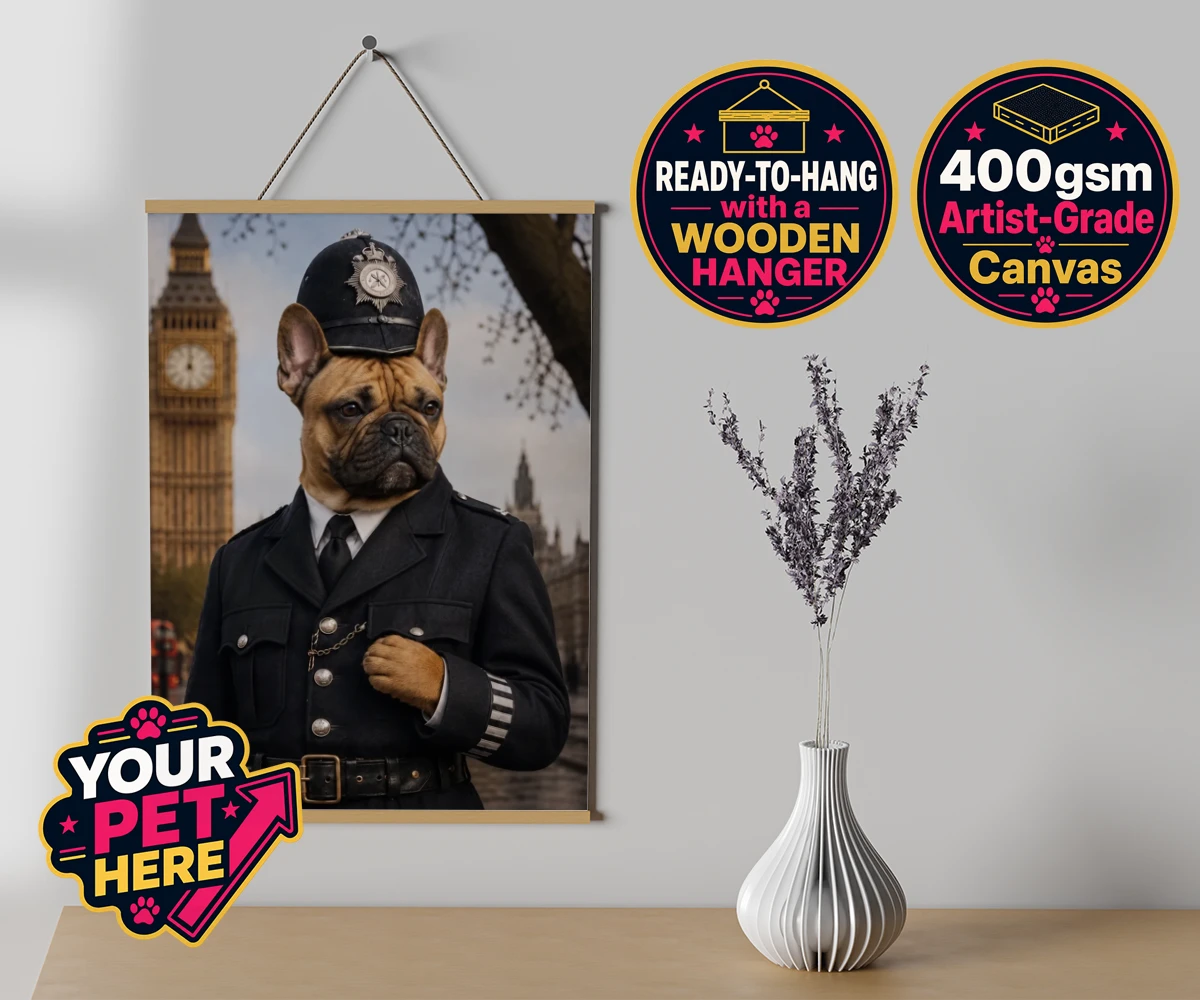 Personalised Paw Police dog canvas poster prints with hanger featuring the charming canine officer ready to patrol your heart!