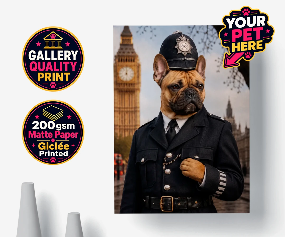 Personalised Paw Police dog premium poster print featuring the charming canine officer ready to patrol your heart!