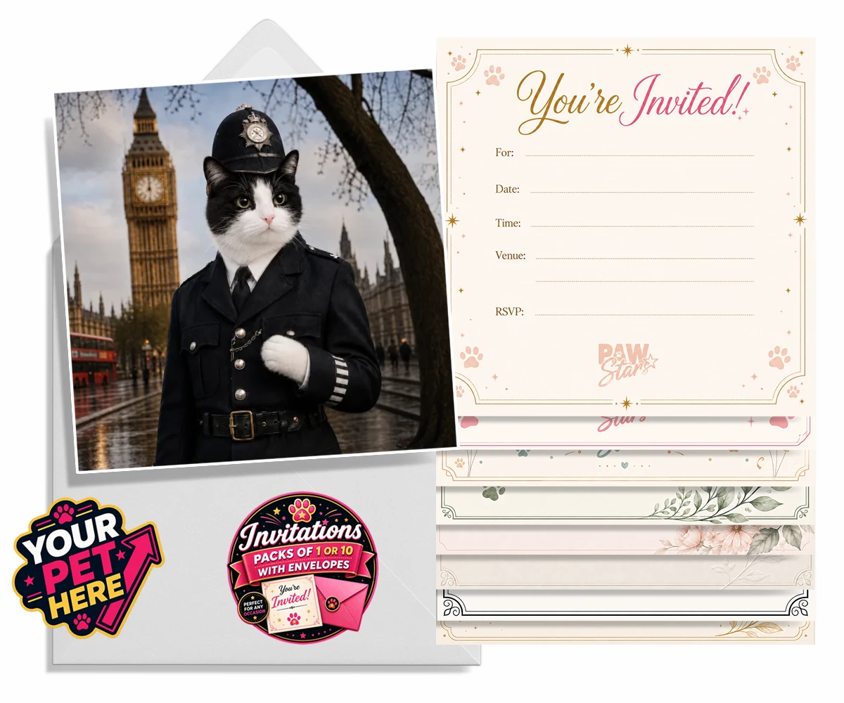 Personalised Paw Police cat invitations featuring the purr-fect addition to your home!