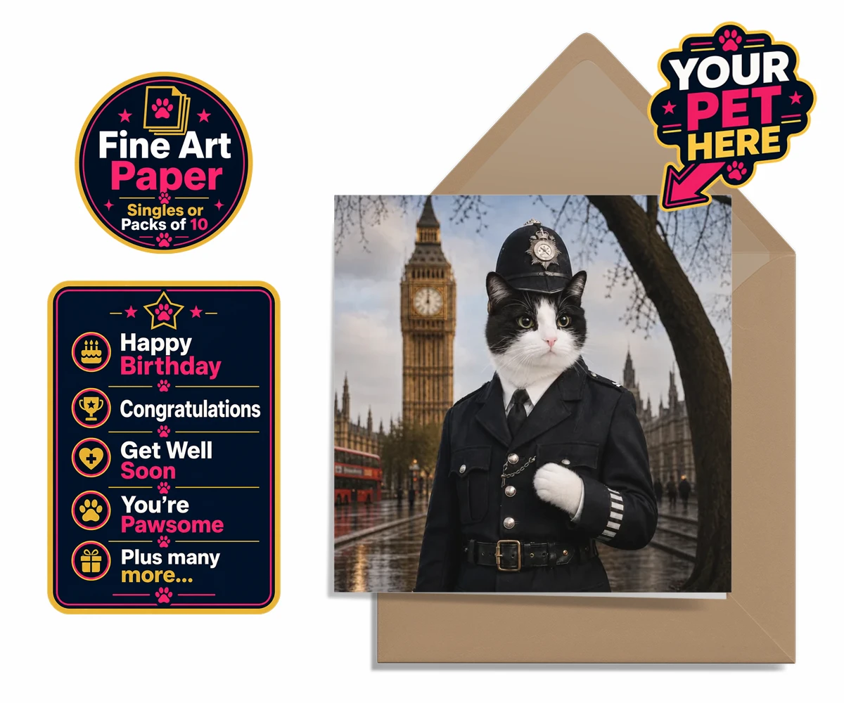 Personalised Paw Police cat premium greetings cards featuring the purr-fect addition to your home!