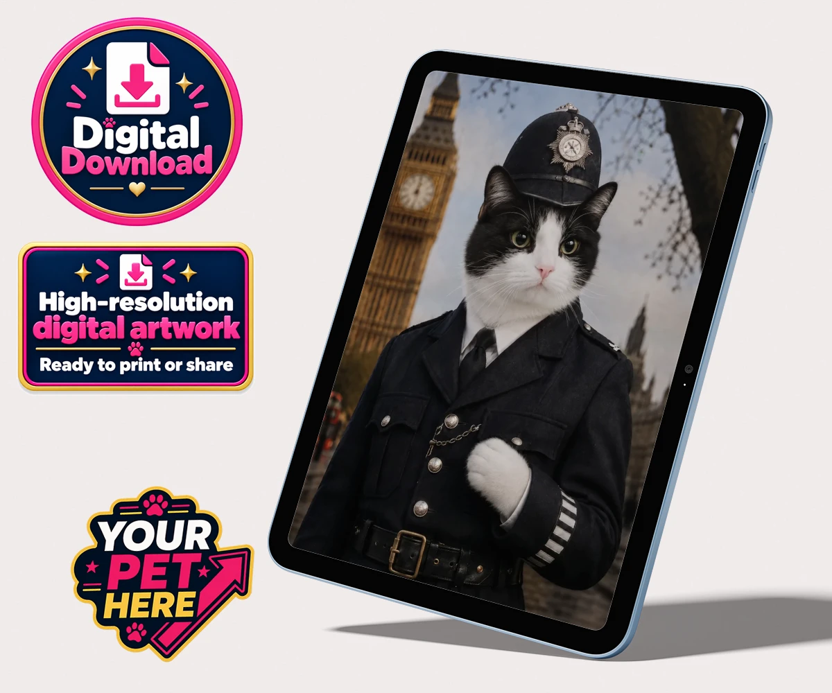 Personalised digital portrait of Paw Police cat in a British police uniform with a hat, featuring Big Ben in the background.