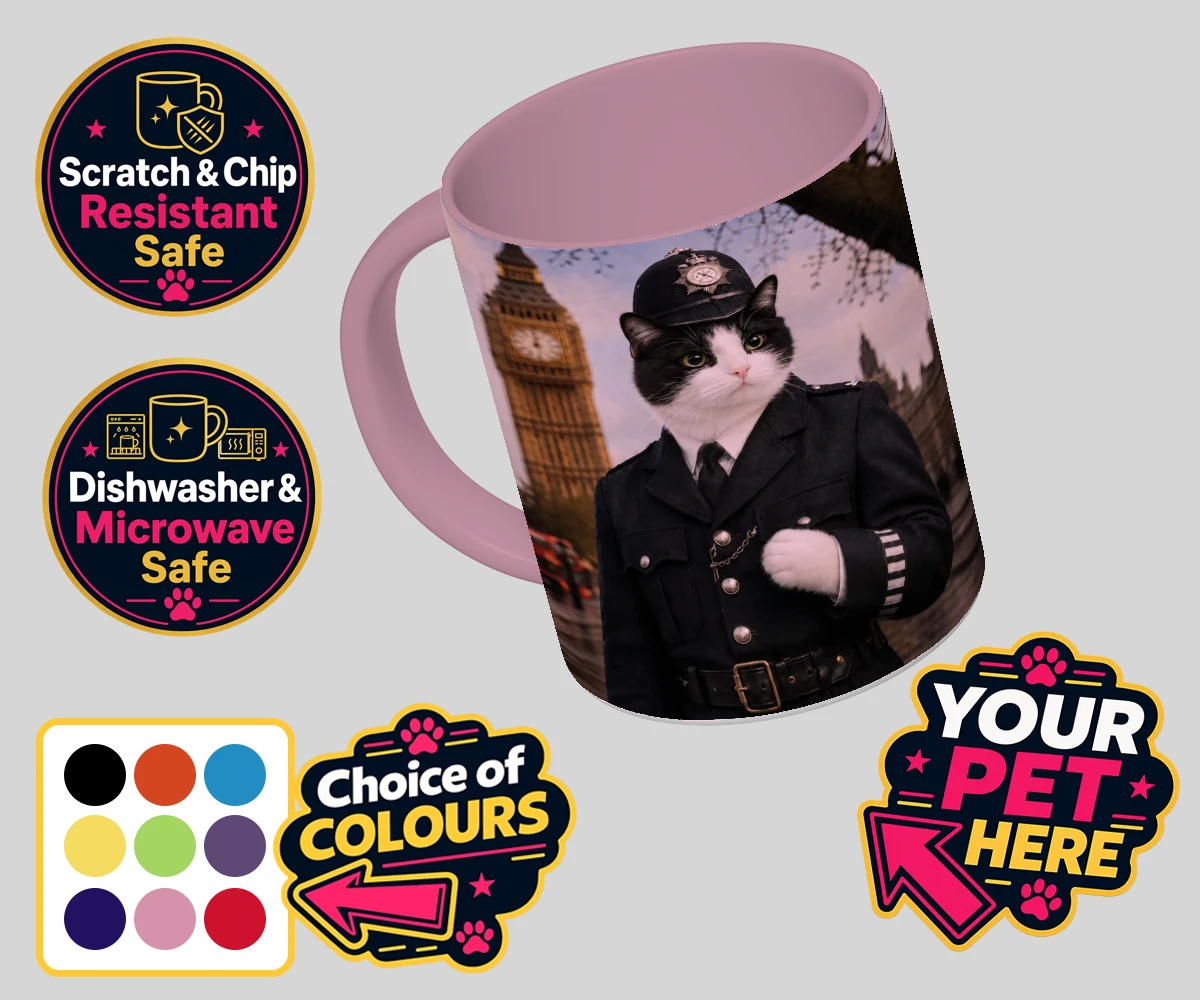 Personalised Paw Police cat coloured photo mugs featuring the purr-fect addition to your home!