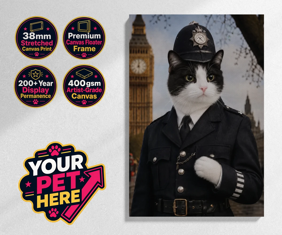 Personalised Paw Police cat stretched canvas print featuring the purr-fect addition to your home!