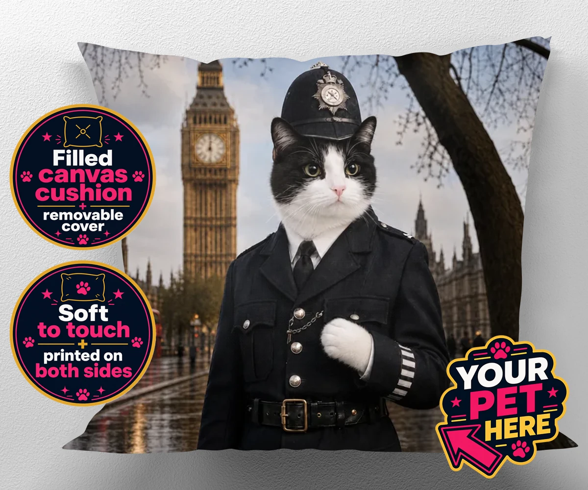 Personalised Paw Police cat canvas cushions featuring the purr-fect addition to your home!