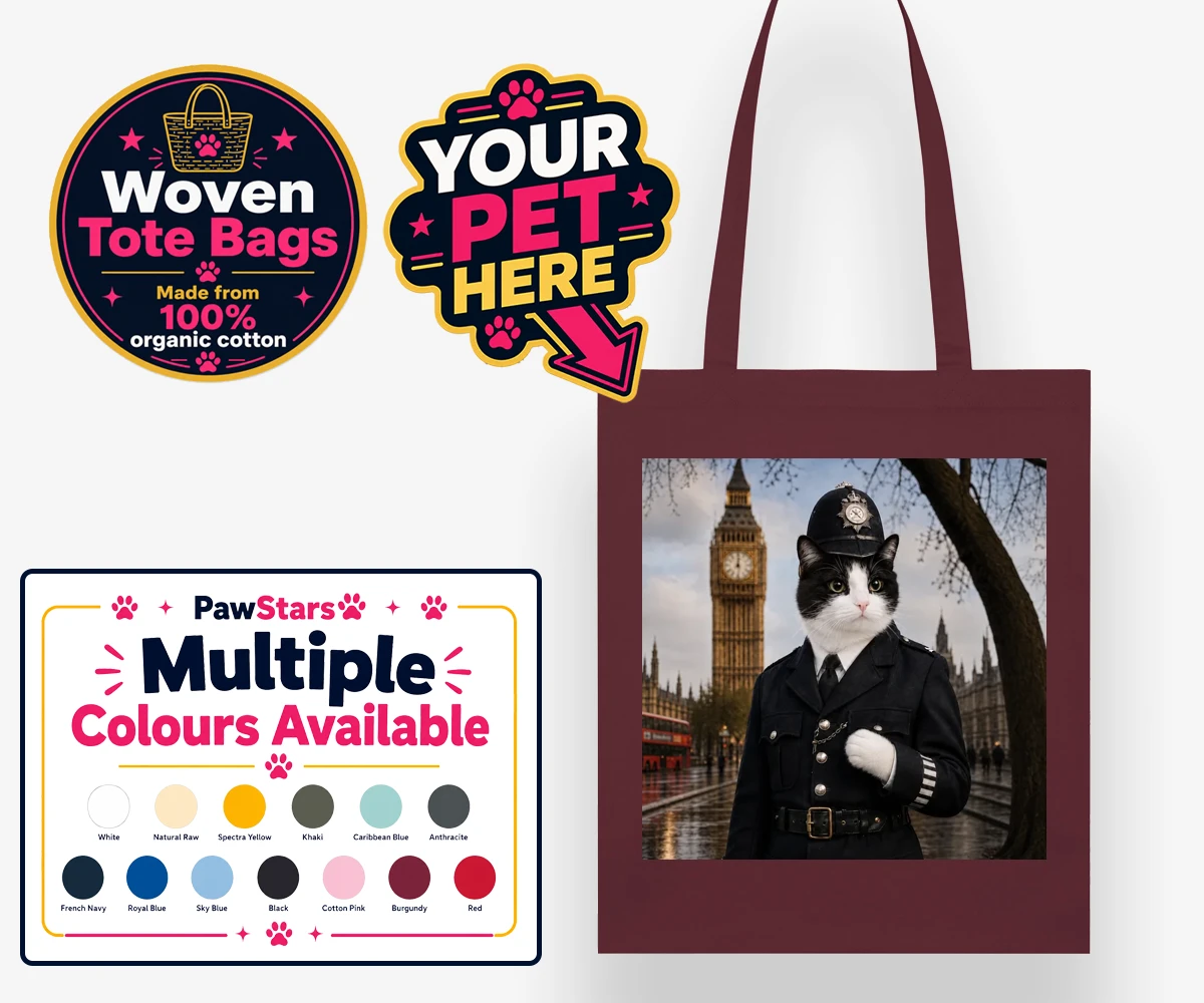 Personalised Paw Police cat woven tote bags featuring the purr-fect addition to your home!