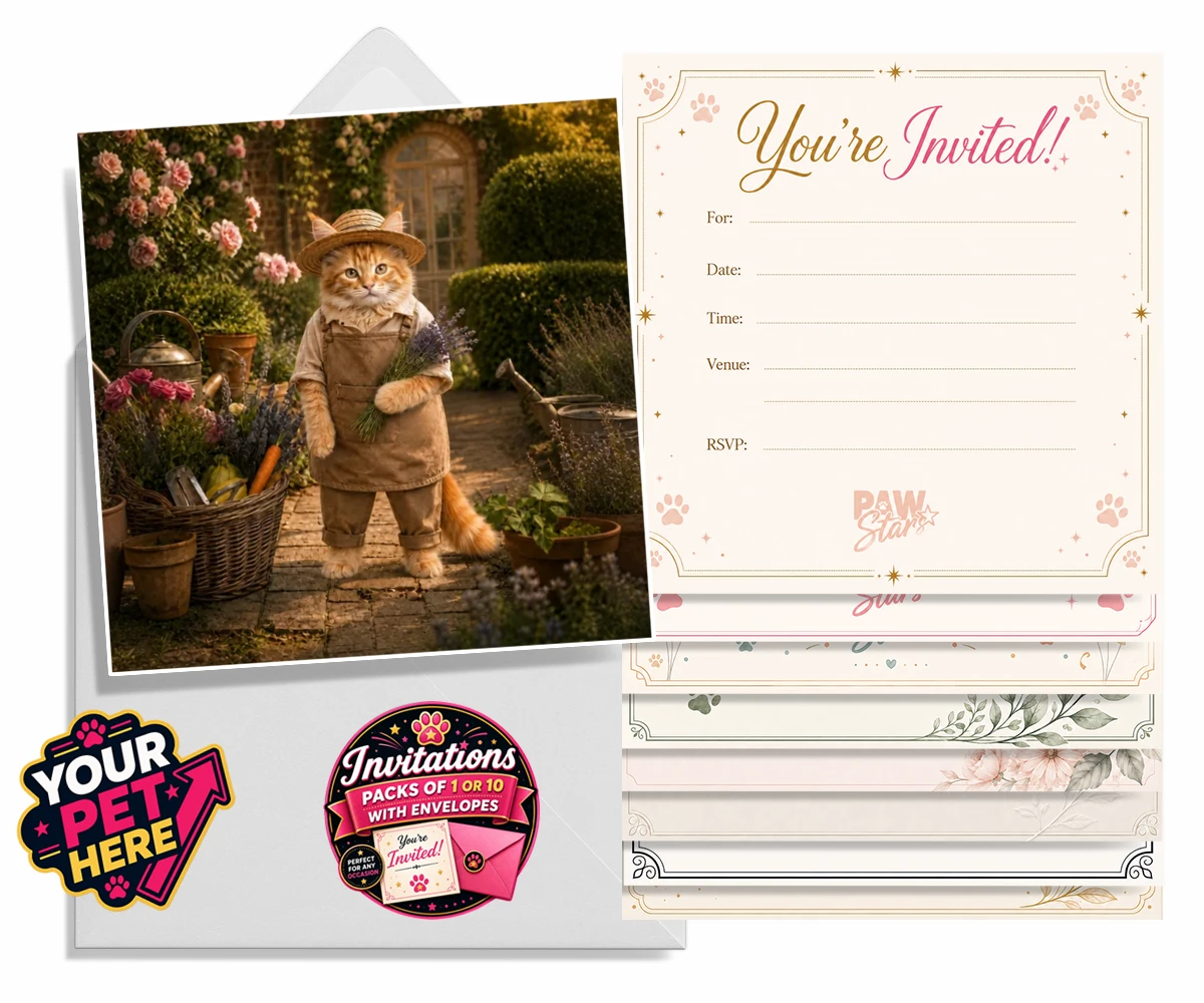 Personalised Paw Gardener cat invitations featuring meet our delightful Paw Gardener, the purr-fect addition to any cat lo