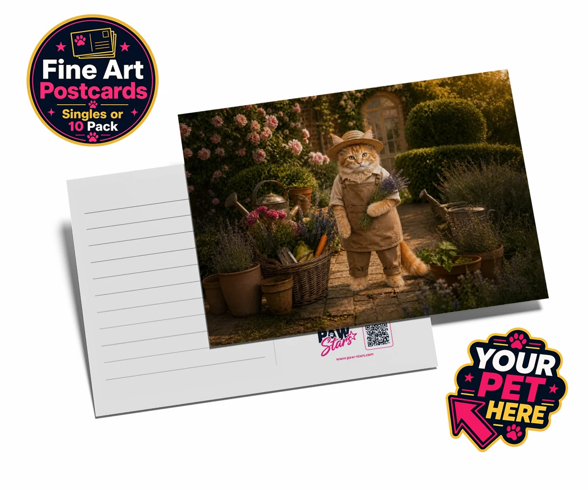 Personalised Paw Gardener cat postcards featuring meet our delightful Paw Gardener, the purr-fect addition to any cat lo