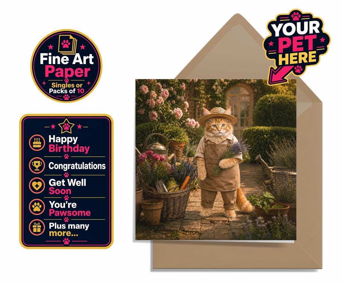 Personalised Paw Gardener cat premium greetings cards featuring meet our delightful Paw Gardener, the purr-fect addition to any cat lo