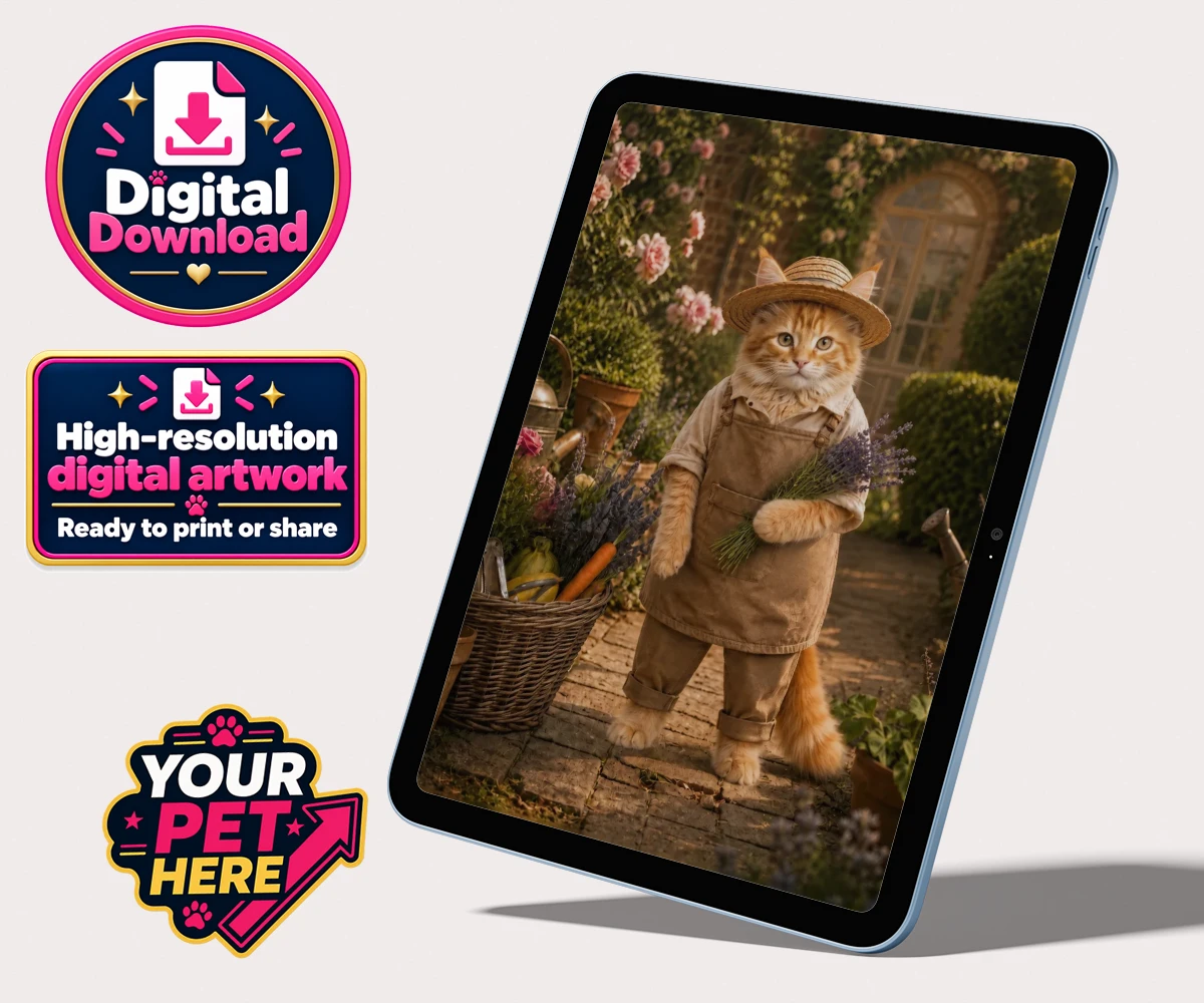 Personalised digital download of Paw Gardener, a cat in a straw hat and rustic overalls with flowers in the background.