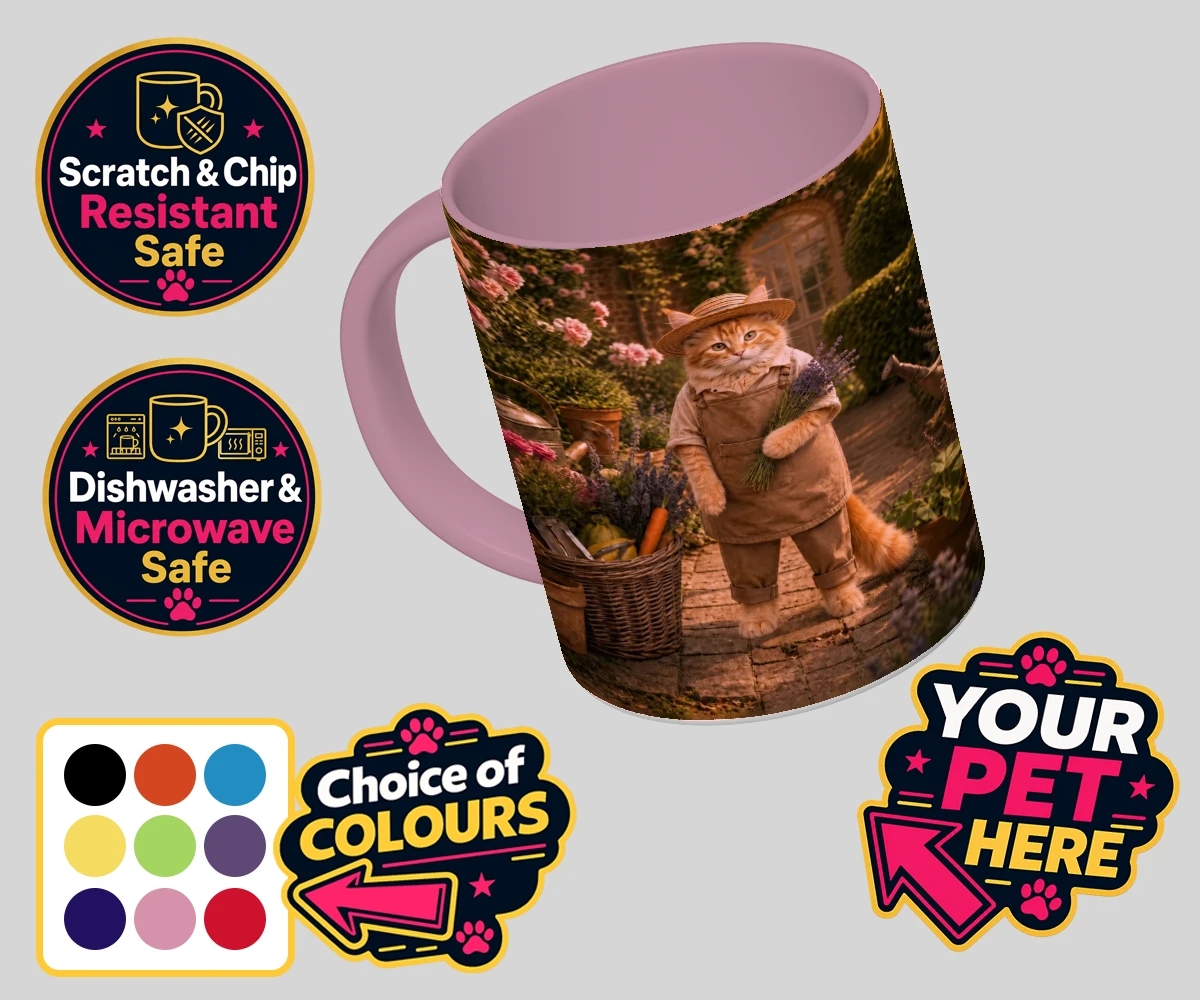 Personalised Paw Gardener cat coloured photo mugs featuring meet our delightful Paw Gardener, the purr-fect addition to any cat lo