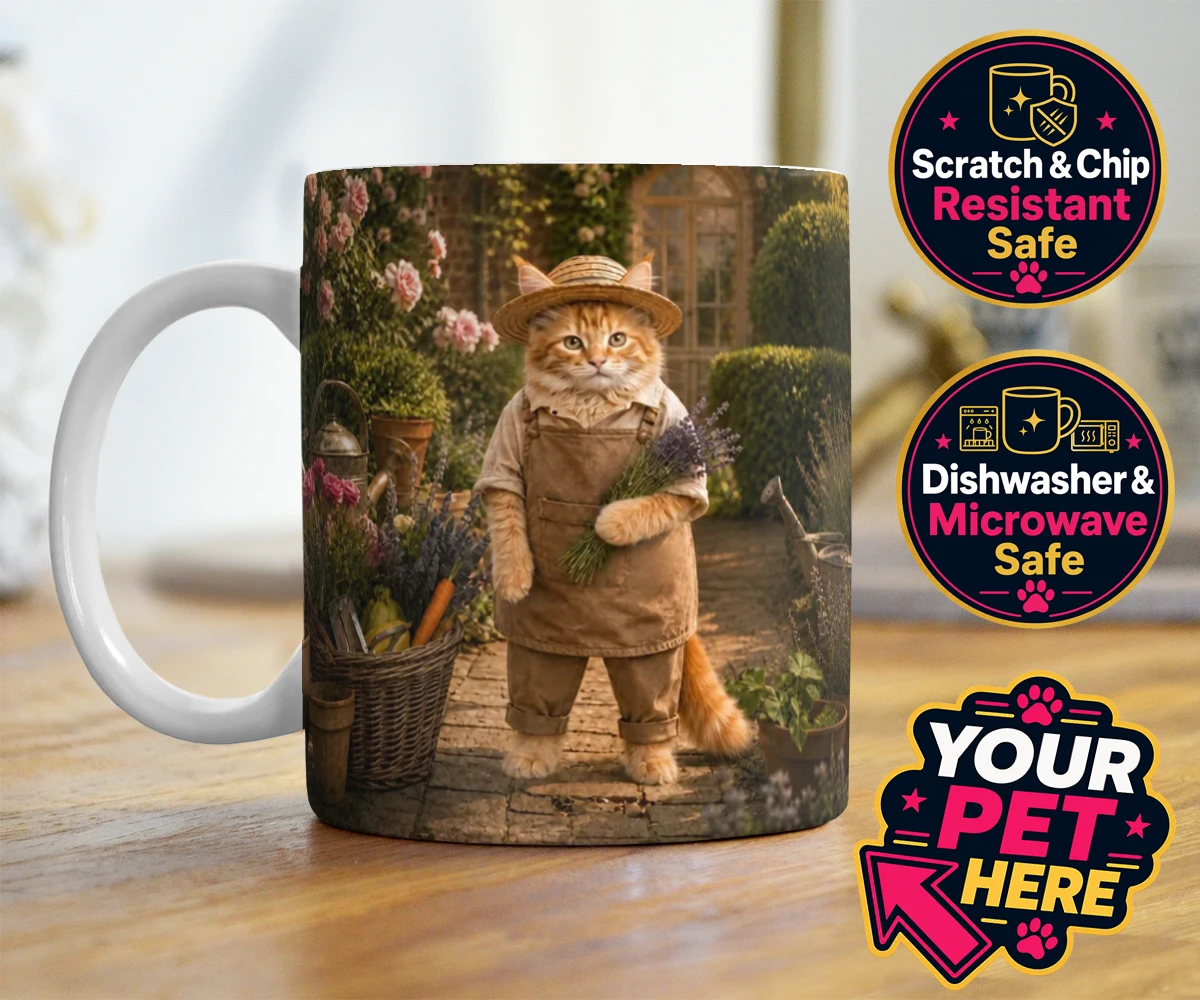 Personalised Paw Gardener cat photo mugs featuring meet our delightful Paw Gardener, the purr-fect addition to any cat lo