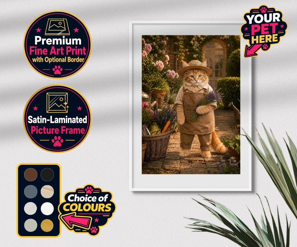 Personalised Paw Gardener cat premium framed print featuring meet our delightful Paw Gardener, the purr-fect addition to any cat lo