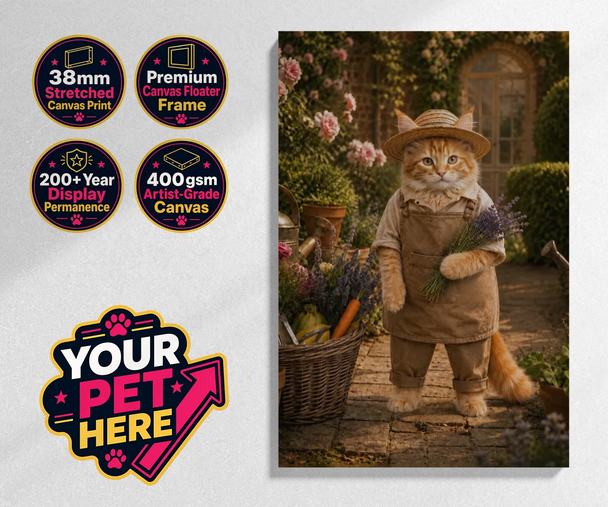 Personalised Paw Gardener cat stretched canvas print featuring meet our delightful Paw Gardener, the purr-fect addition to any cat lo
