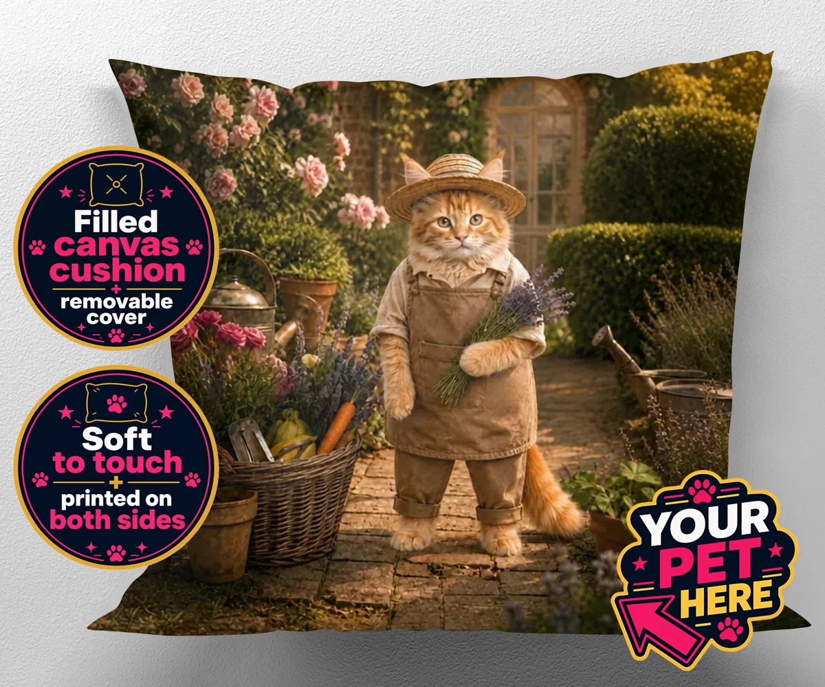 Personalised Paw Gardener cat canvas cushions featuring meet our delightful Paw Gardener, the purr-fect addition to any cat lo