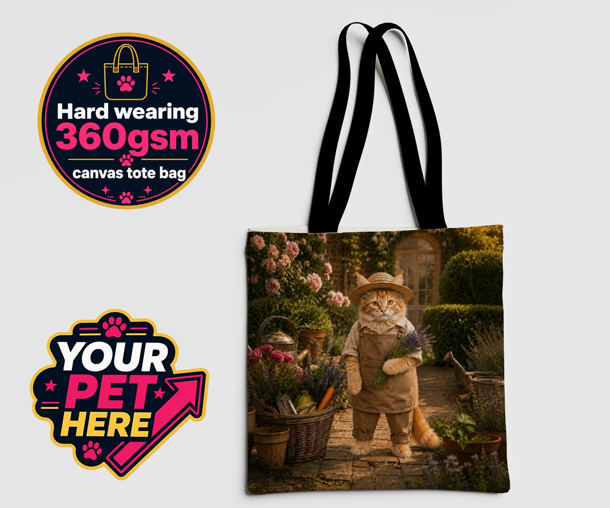 Personalised Paw Gardener cat canvas tote bags featuring meet our delightful Paw Gardener, the purr-fect addition to any cat lo