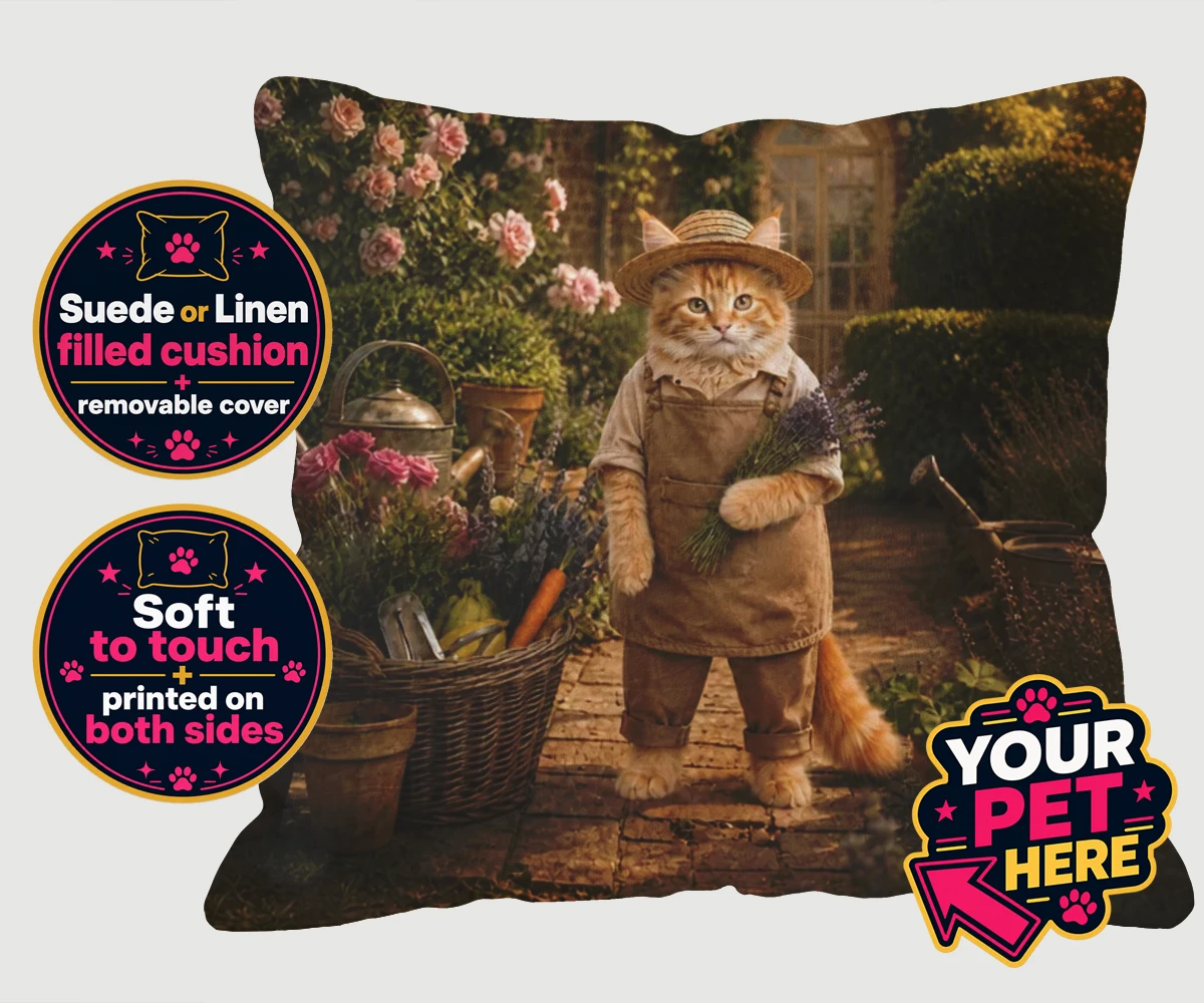 Personalised Paw Gardener cat cushions featuring meet our delightful Paw Gardener, the purr-fect addition to any cat lo