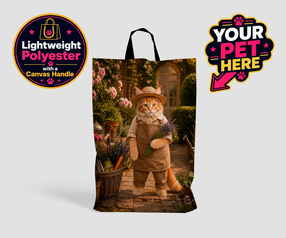 Personalised Paw Gardener cat shopping bags featuring meet our delightful Paw Gardener, the purr-fect addition to any cat lo