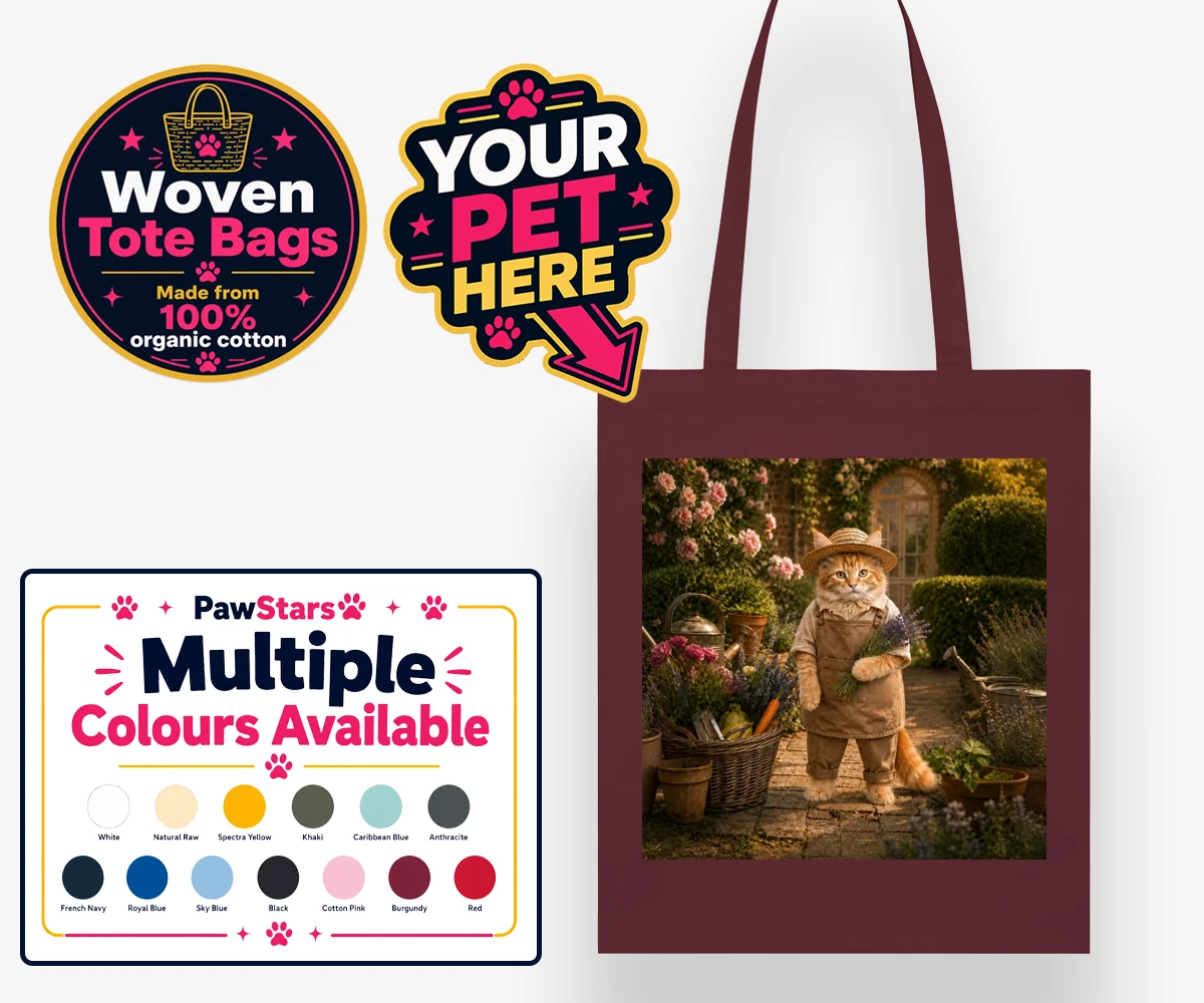 Personalised Paw Gardener cat woven tote bags featuring meet our delightful Paw Gardener, the purr-fect addition to any cat lo