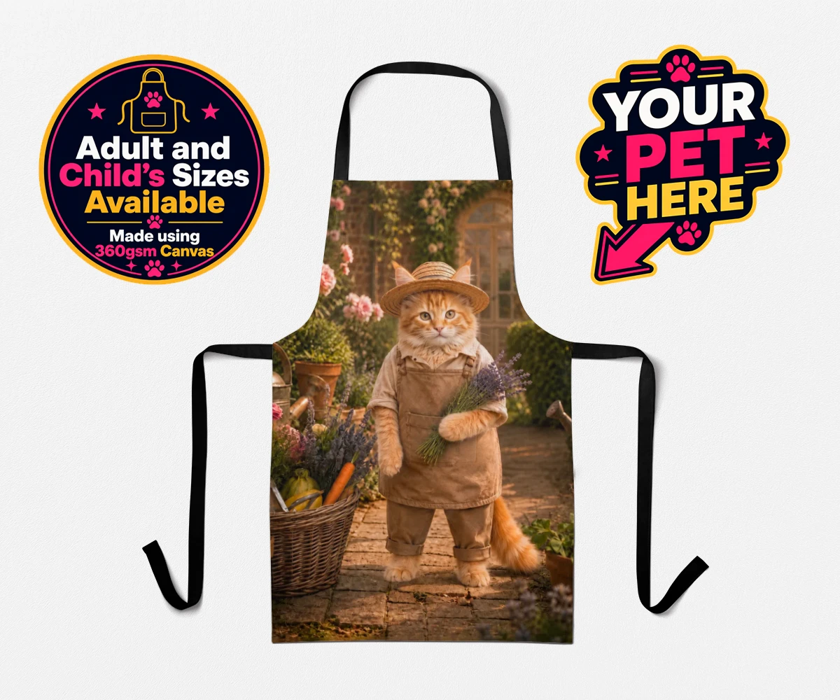 Personalised Paw Gardener cat aprons featuring meet our delightful Paw Gardener, the purr-fect addition to any cat lo