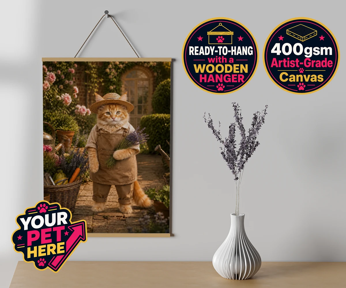 Personalised Paw Gardener cat canvas poster prints with hanger featuring meet our delightful Paw Gardener, the purr-fect addition to any cat lo