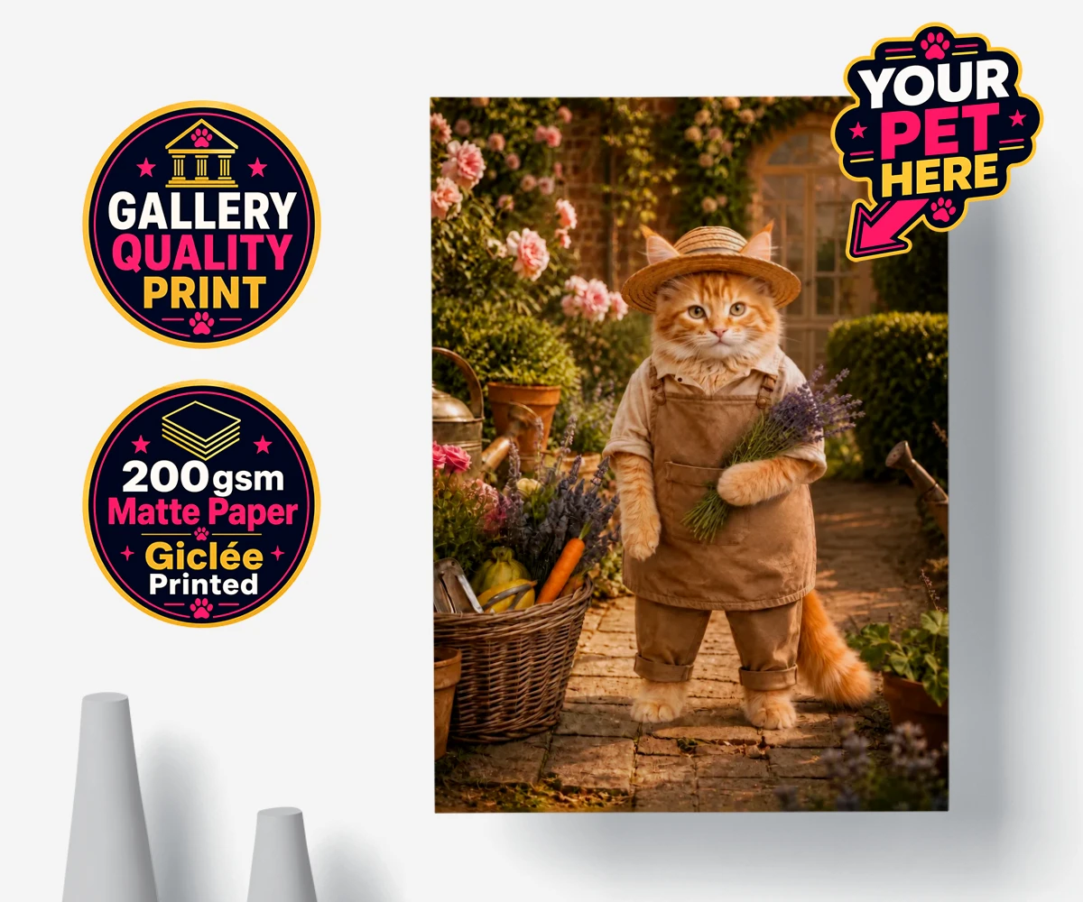 Personalised Paw Gardener cat premium poster print featuring meet our delightful Paw Gardener, the purr-fect addition to any cat lo