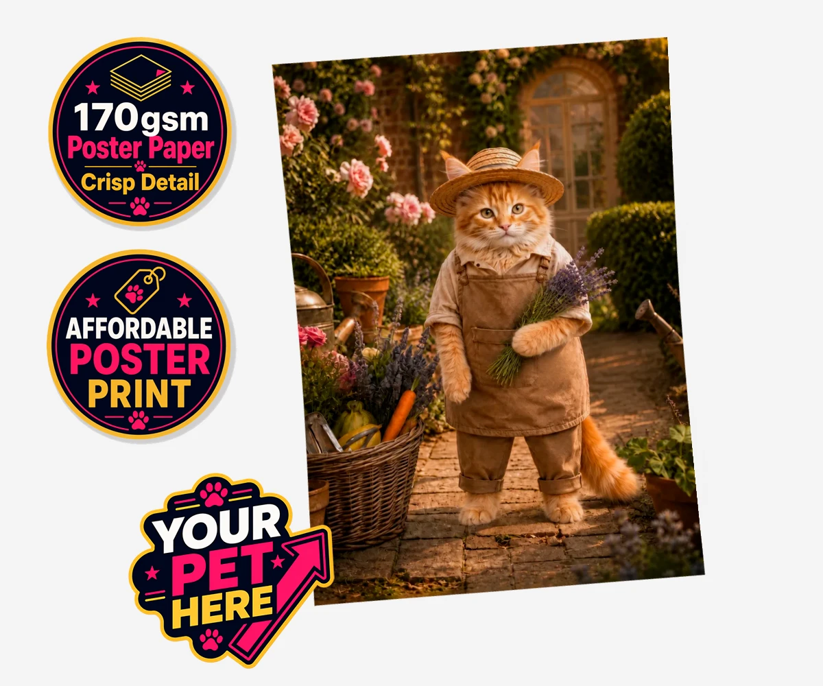 Personalised Paw Gardener cat standard poster print featuring meet our delightful Paw Gardener, the purr-fect addition to any cat lo