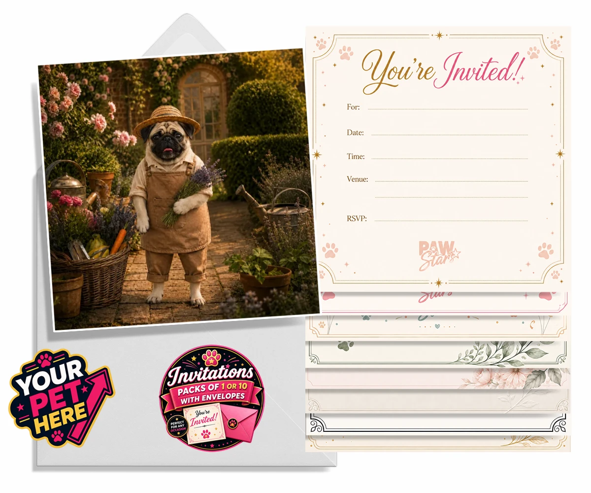 Personalised Paw Gardener dog invitations featuring meet Paw Gardener, the charming canine capturing the very essence of g