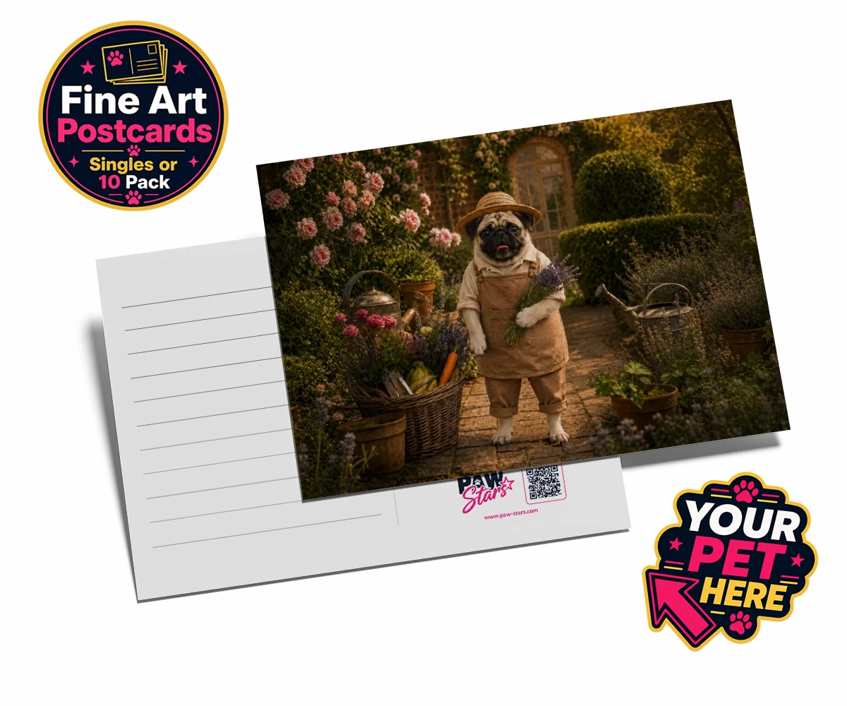 Personalised Paw Gardener dog postcards featuring meet Paw Gardener, the charming canine capturing the very essence of g