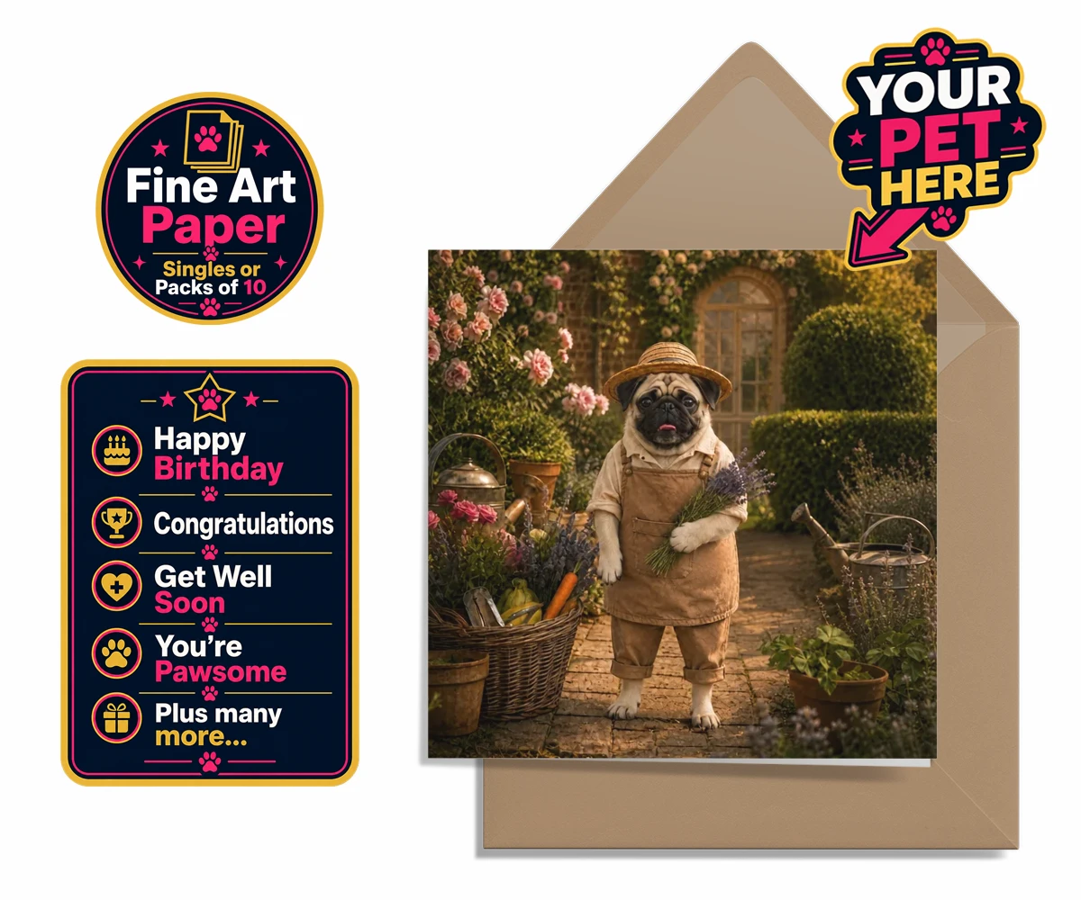 Personalised Paw Gardener dog premium greetings cards featuring meet Paw Gardener, the charming canine capturing the very essence of g