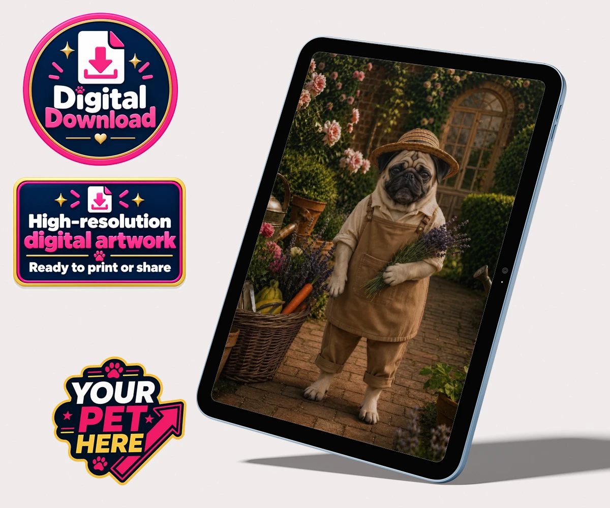 Personalised digital portrait of Paw Gardener, a dog wearing tan overalls and a straw hat, surrounded by flowers and lavender.