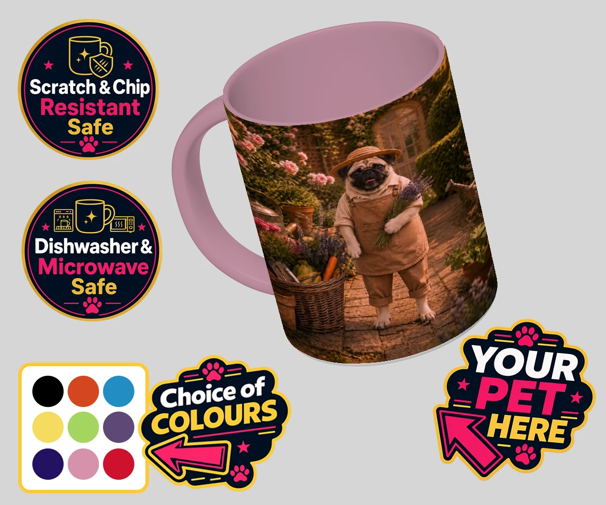 Personalised Paw Gardener dog coloured photo mugs featuring meet Paw Gardener, the charming canine capturing the very essence of g