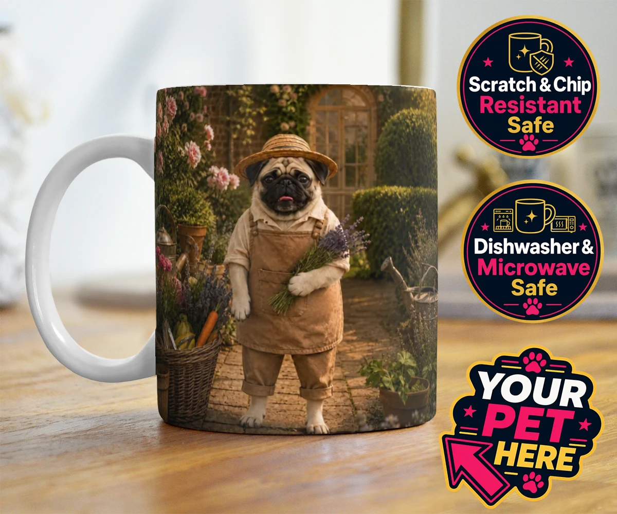 Personalised Paw Gardener dog photo mugs featuring meet Paw Gardener, the charming canine capturing the very essence of g