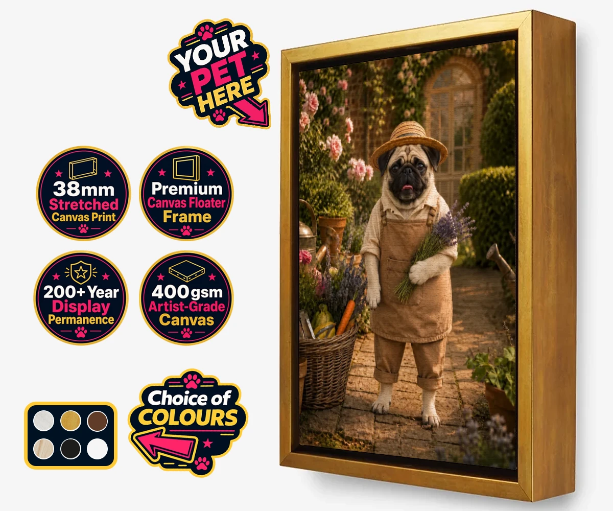 Personalised Paw Gardener dog framed canvas print featuring meet Paw Gardener, the charming canine capturing the very essence of g