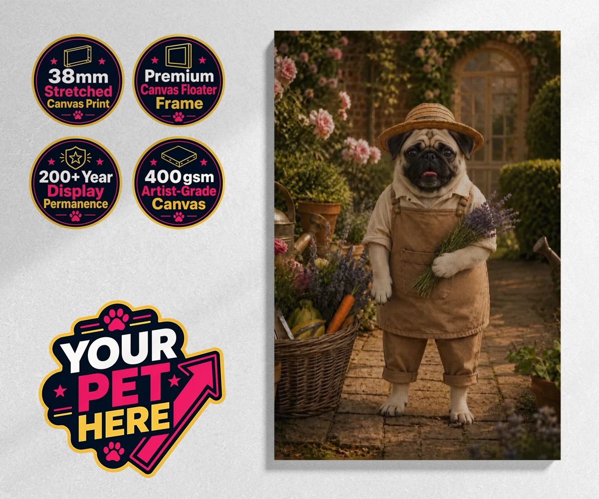 Personalised Paw Gardener dog stretched canvas print featuring meet Paw Gardener, the charming canine capturing the very essence of g