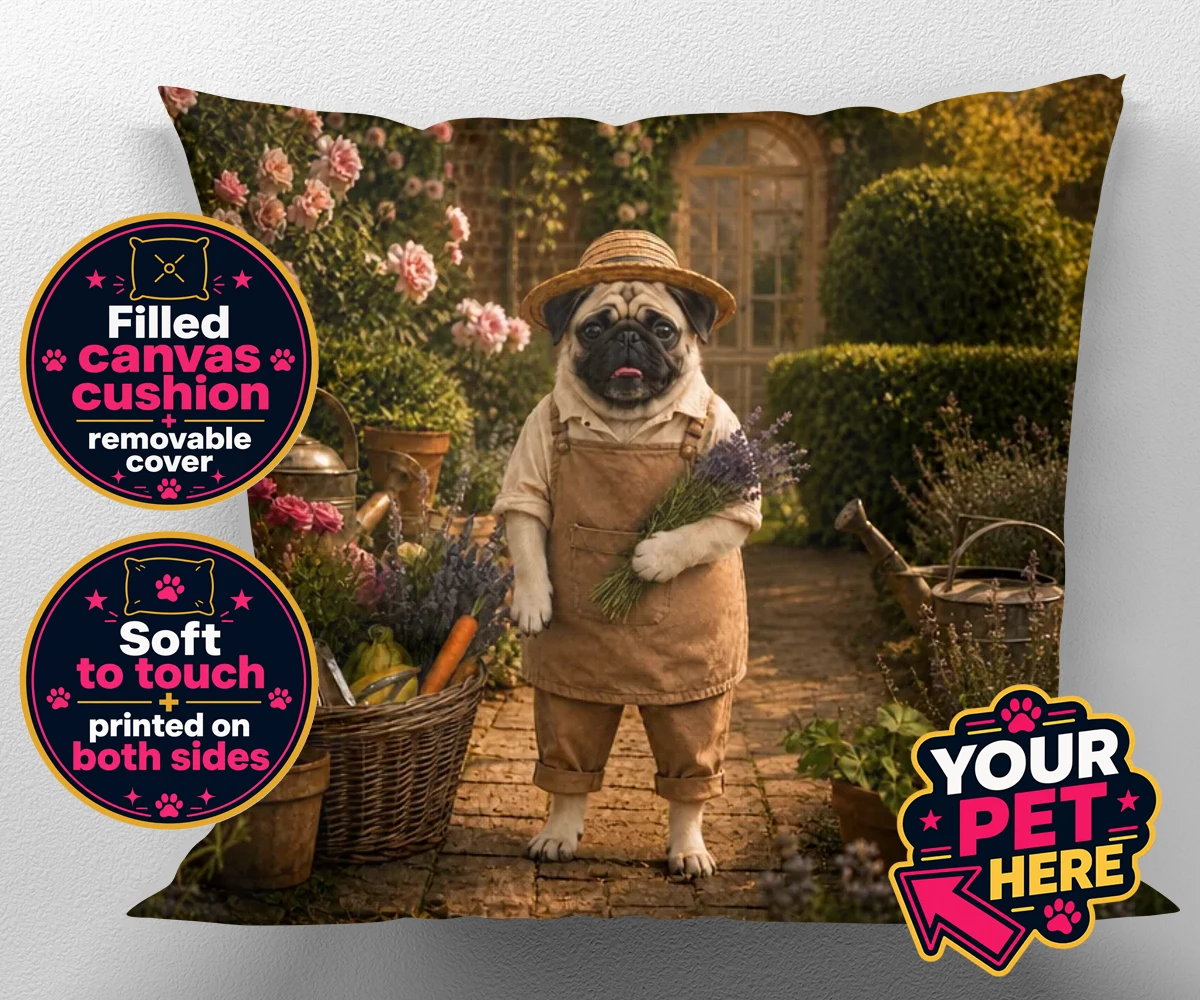 Personalised Paw Gardener dog canvas cushions featuring meet Paw Gardener, the charming canine capturing the very essence of g