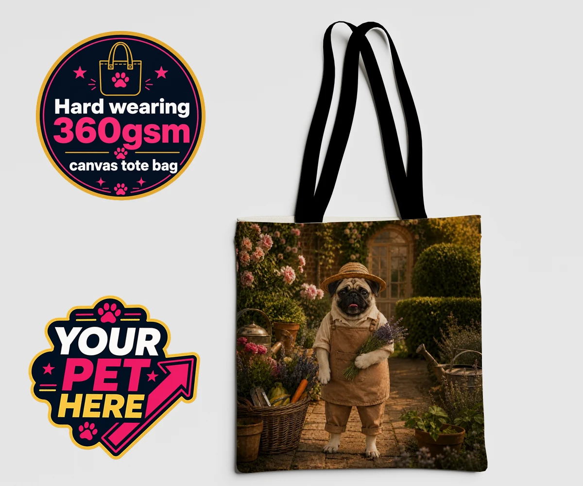 Personalised Paw Gardener dog canvas tote bags featuring meet Paw Gardener, the charming canine capturing the very essence of g