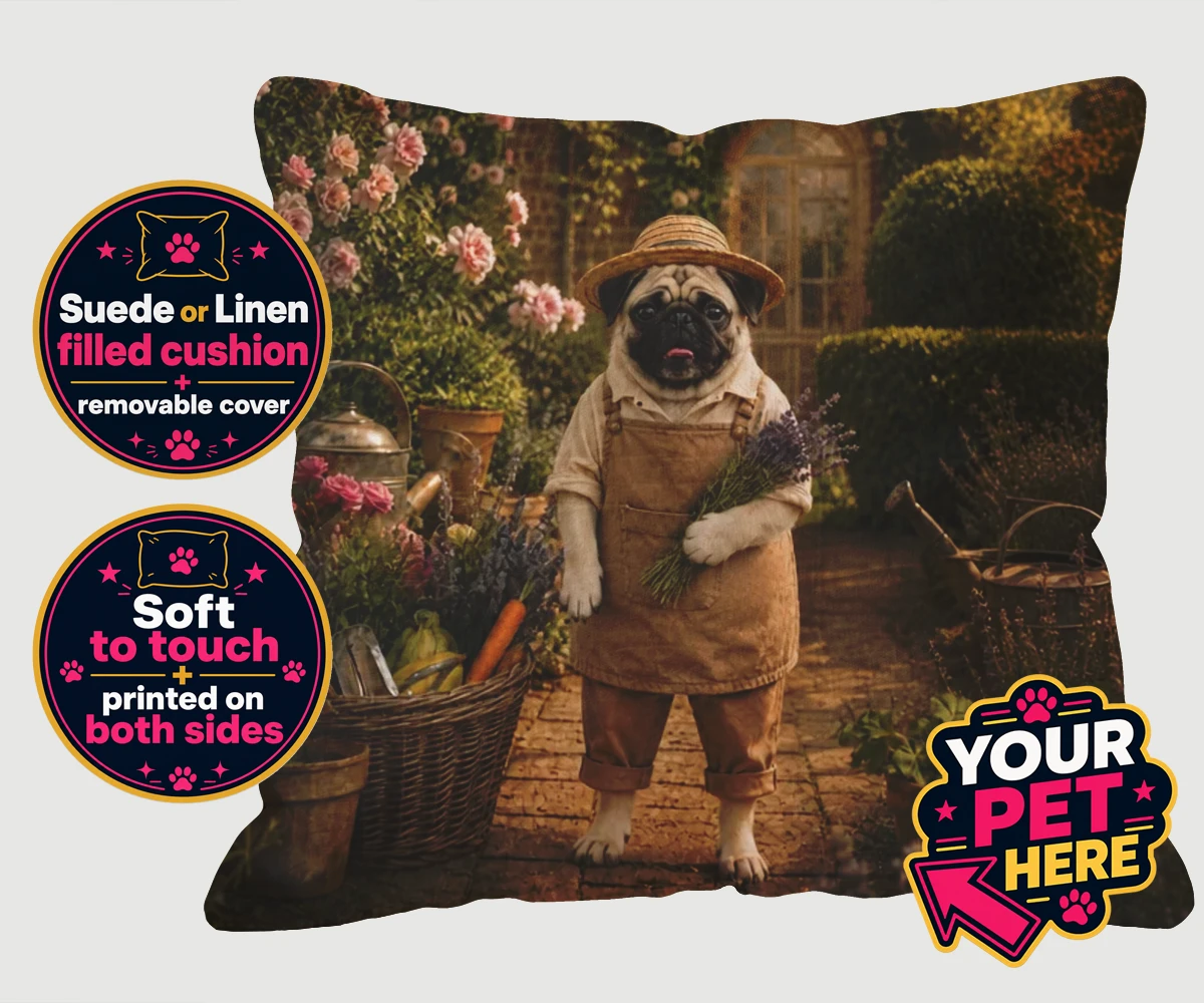 Personalised Paw Gardener dog cushions featuring meet Paw Gardener, the charming canine capturing the very essence of g