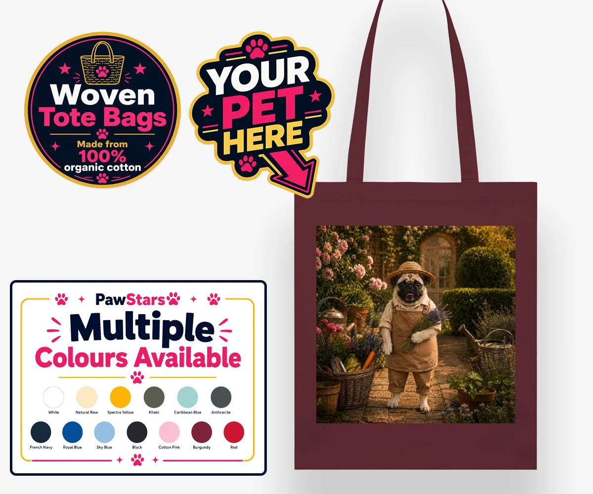 Personalised Paw Gardener dog woven tote bags featuring meet Paw Gardener, the charming canine capturing the very essence of g