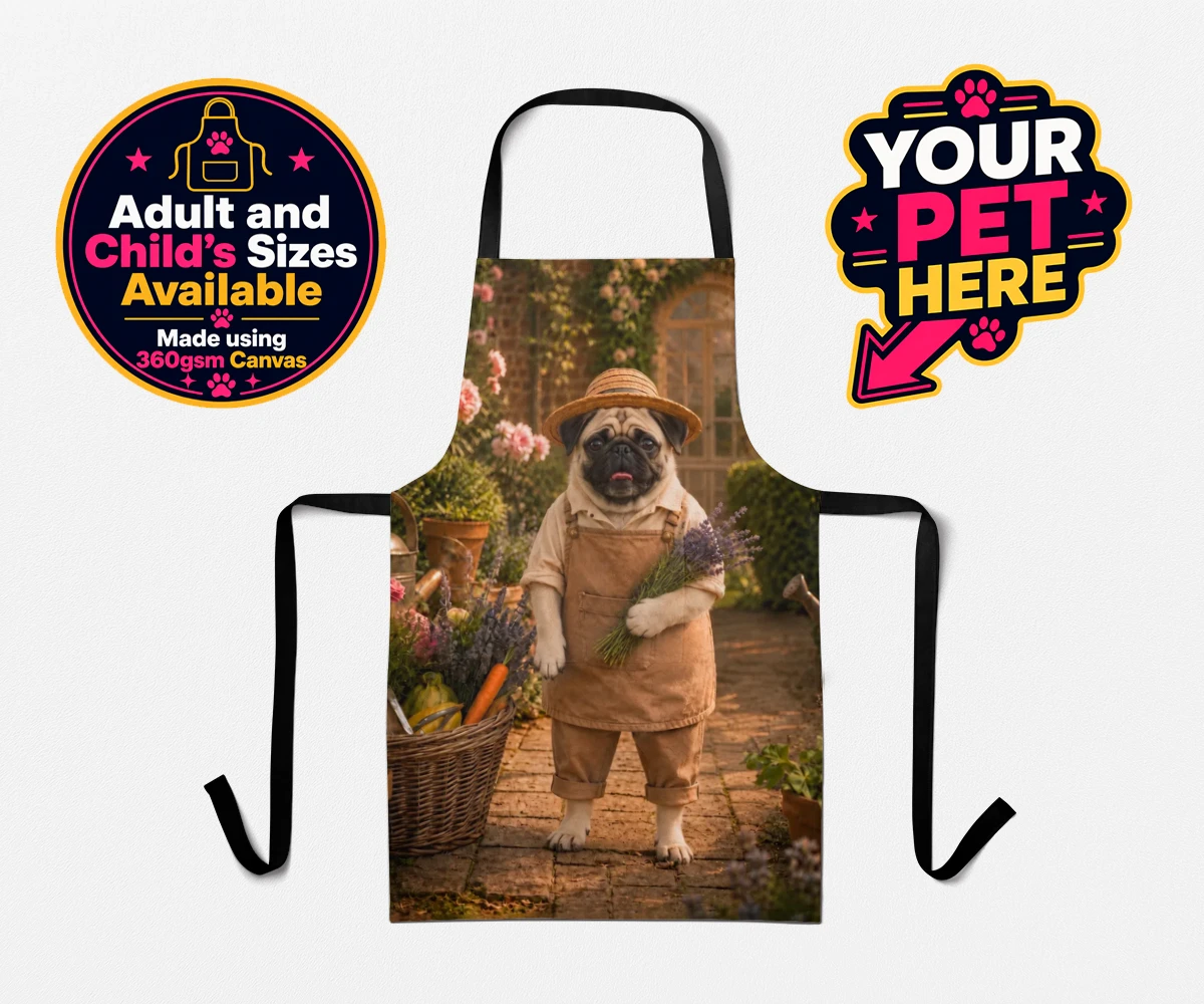 Personalised Paw Gardener dog aprons featuring meet Paw Gardener, the charming canine capturing the very essence of g