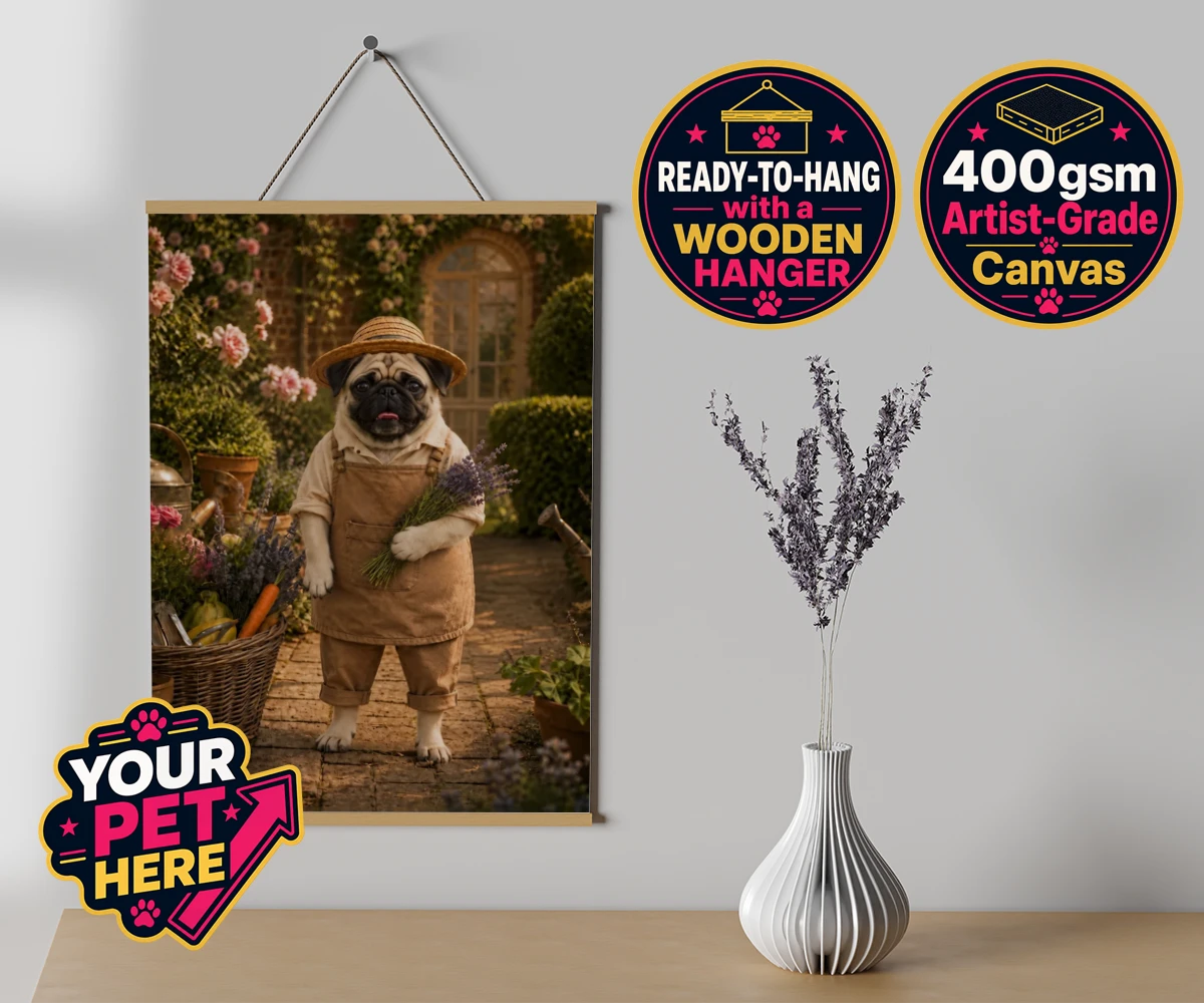Personalised Paw Gardener dog canvas poster prints with hanger featuring meet Paw Gardener, the charming canine capturing the very essence of g