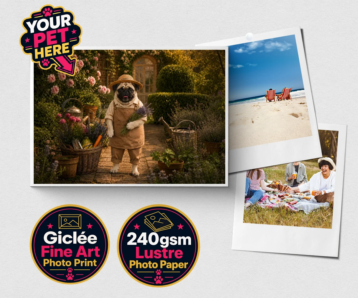 Personalised Paw Gardener dog premium photo print featuring meet Paw Gardener, the charming canine capturing the very essence of g