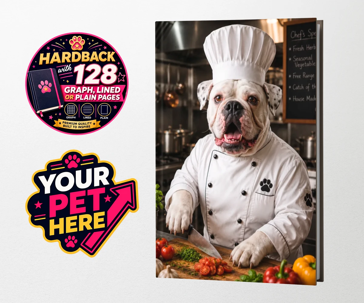 Personalised Master Paw Chef dog hardback notebooks featuring meet Master Paw Chef, the culinary canine ready to whisk you away into