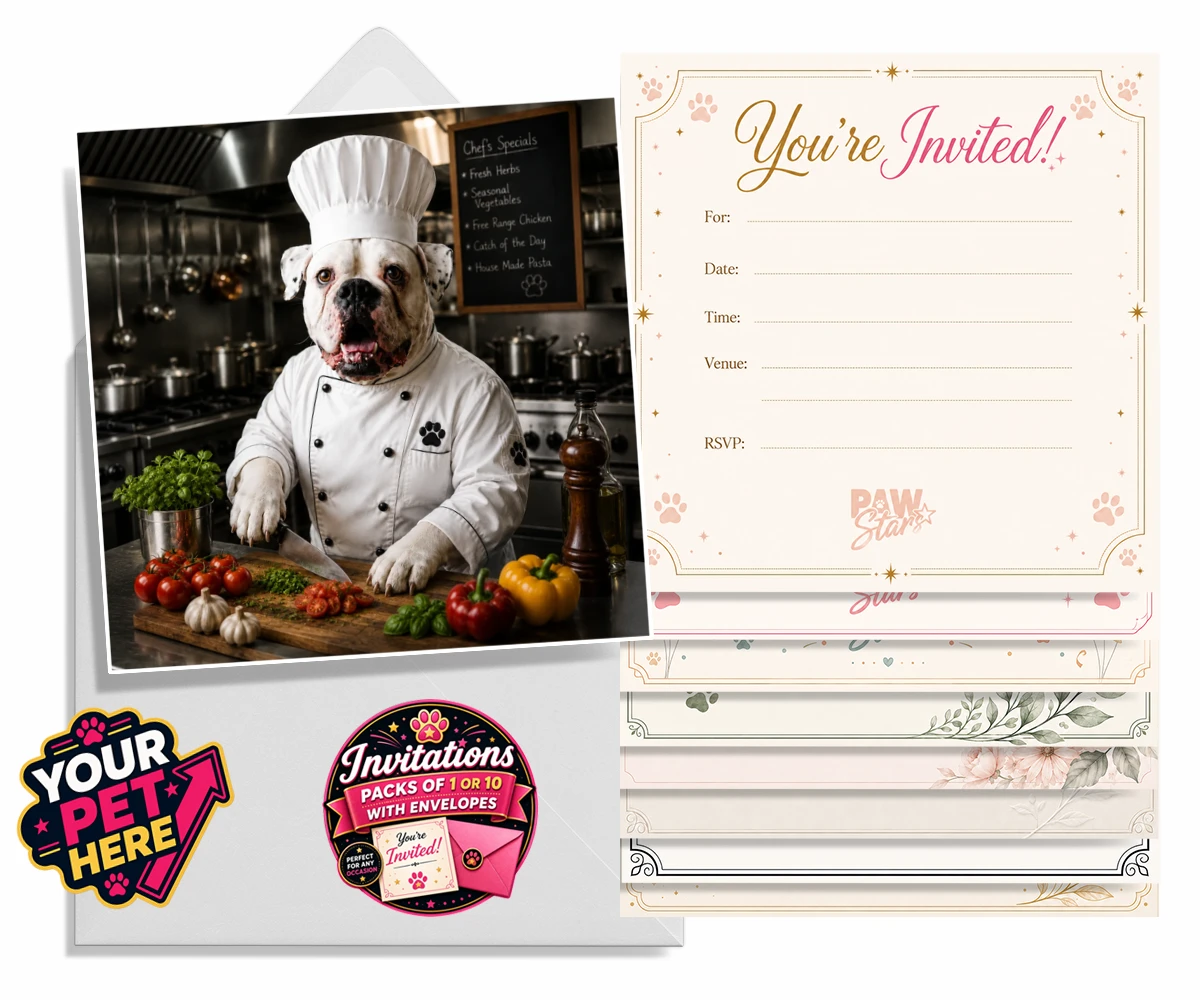 Personalised Master Paw Chef dog invitations featuring meet Master Paw Chef, the culinary canine ready to whisk you away into