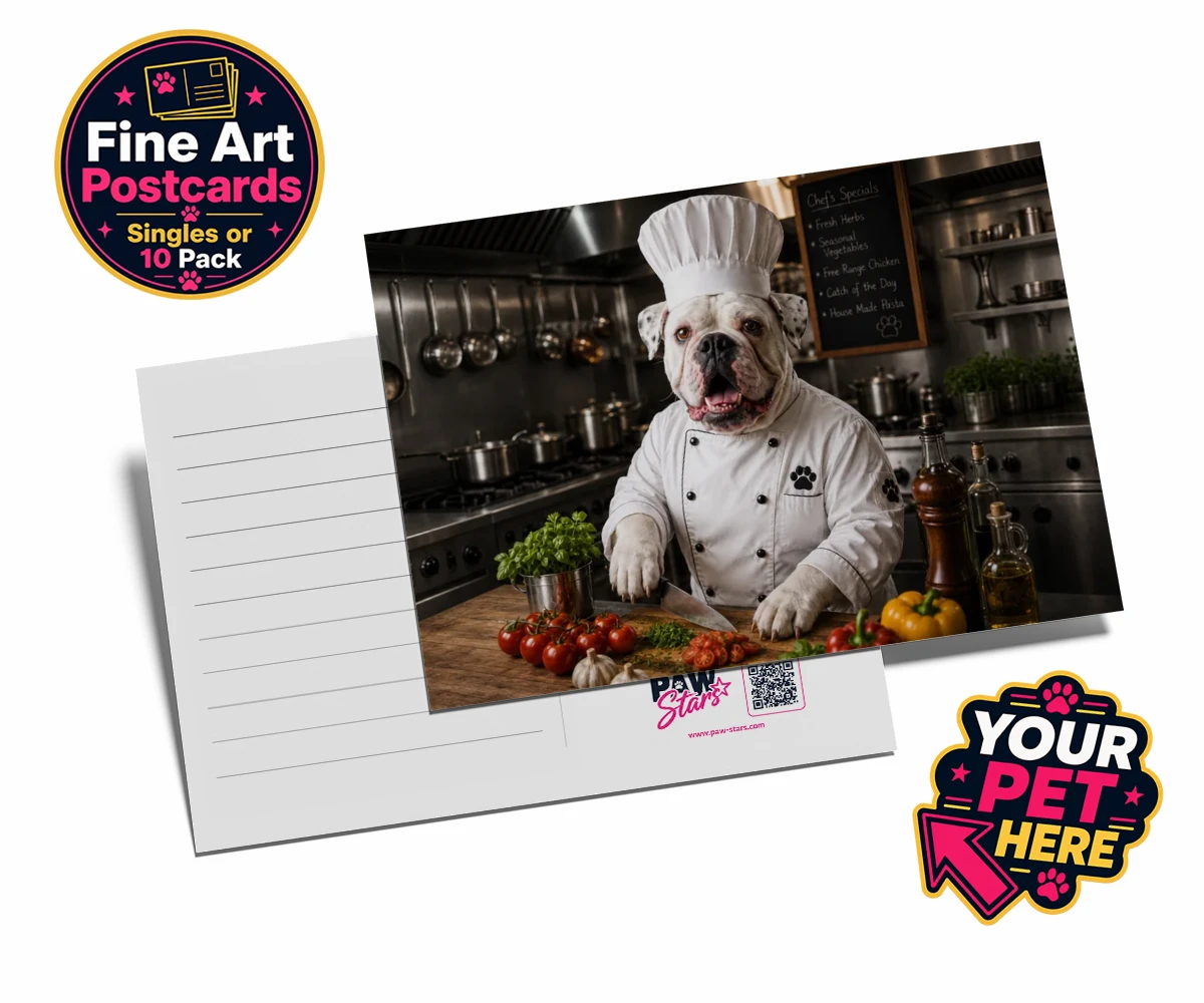 Personalised Master Paw Chef dog postcards featuring meet Master Paw Chef, the culinary canine ready to whisk you away into