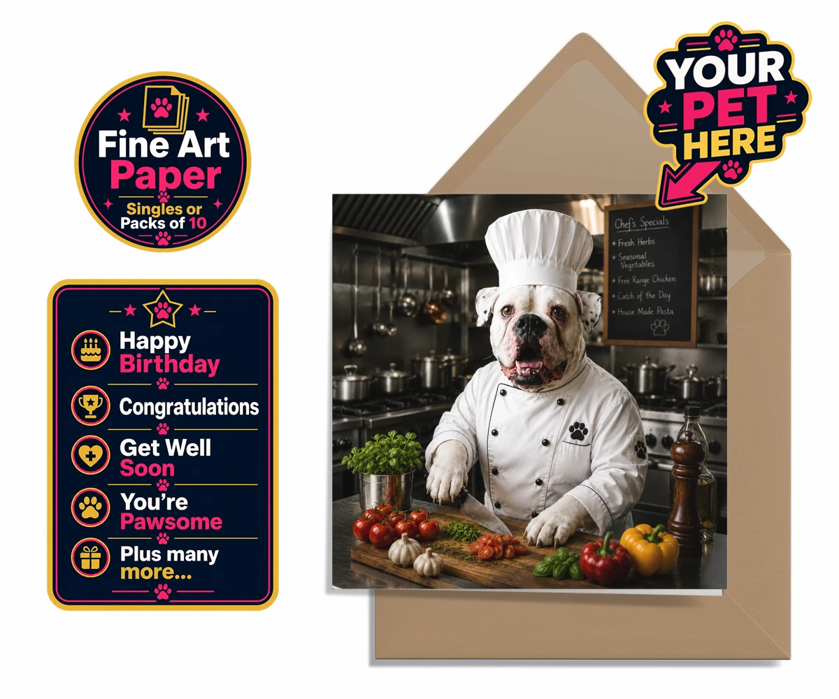 Personalised Master Paw Chef dog premium greetings cards featuring meet Master Paw Chef, the culinary canine ready to whisk you away into
