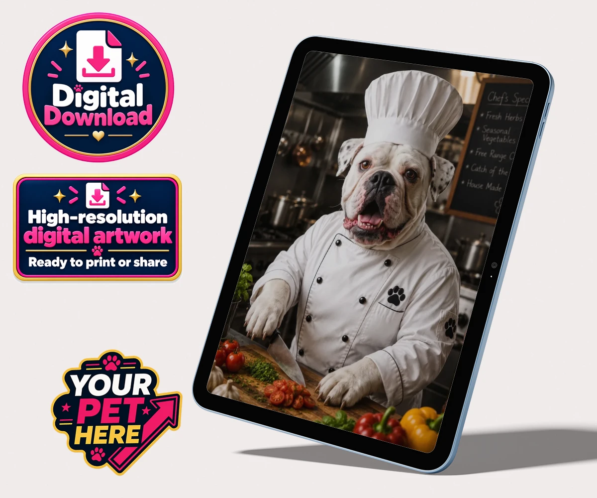 Personalised digital artwork of Master Paw Chef, a dog in a chef’s hat and uniform, set in a colourful kitchen.
