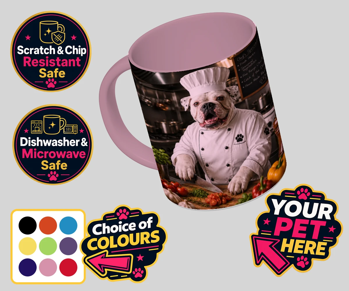 Personalised Master Paw Chef dog coloured photo mugs featuring meet Master Paw Chef, the culinary canine ready to whisk you away into