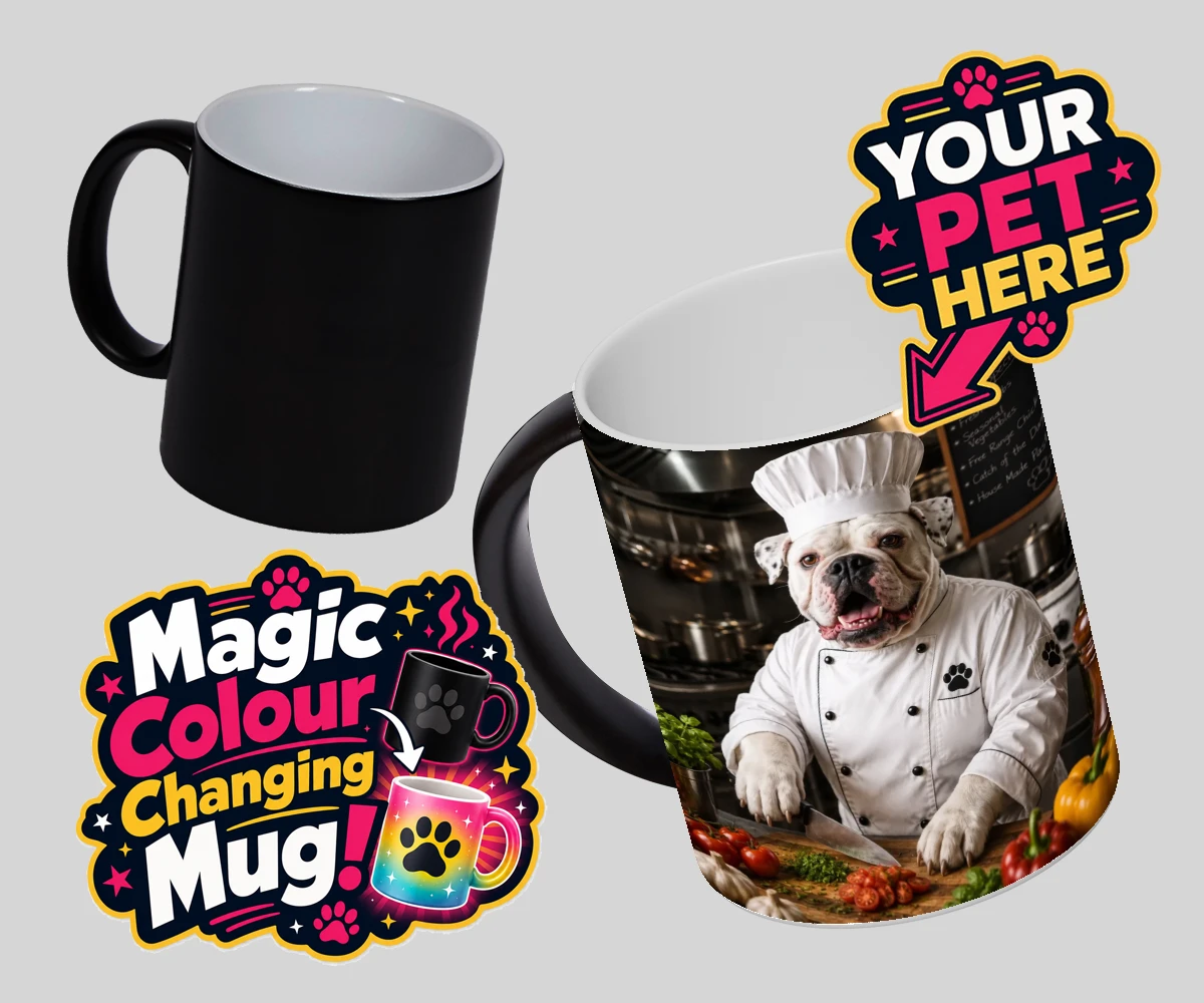 Personalised Master Paw Chef dog magic photo mugs featuring meet Master Paw Chef, the culinary canine ready to whisk you away into
