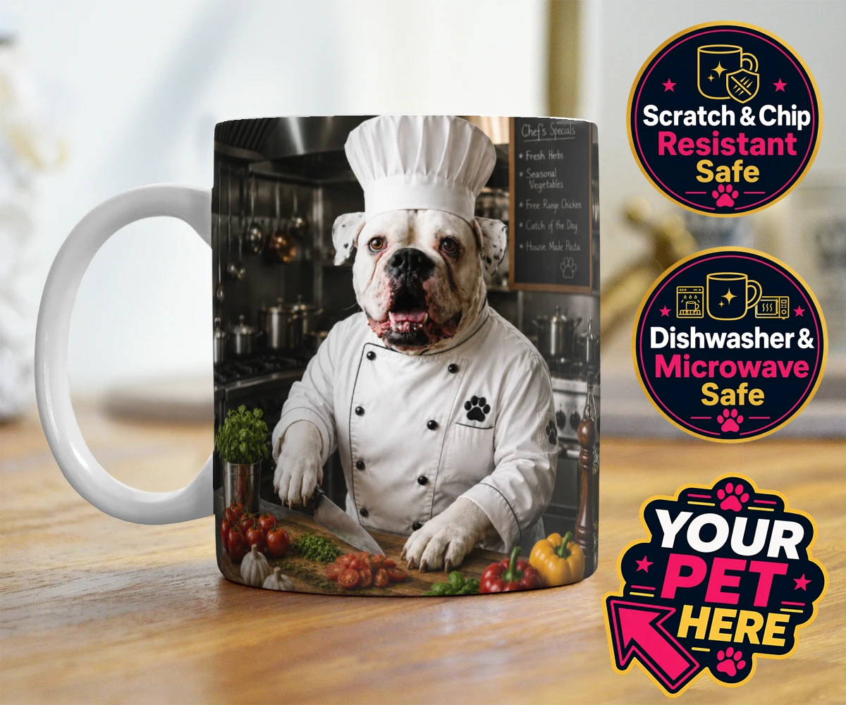 Personalised Master Paw Chef dog photo mugs featuring meet Master Paw Chef, the culinary canine ready to whisk you away into