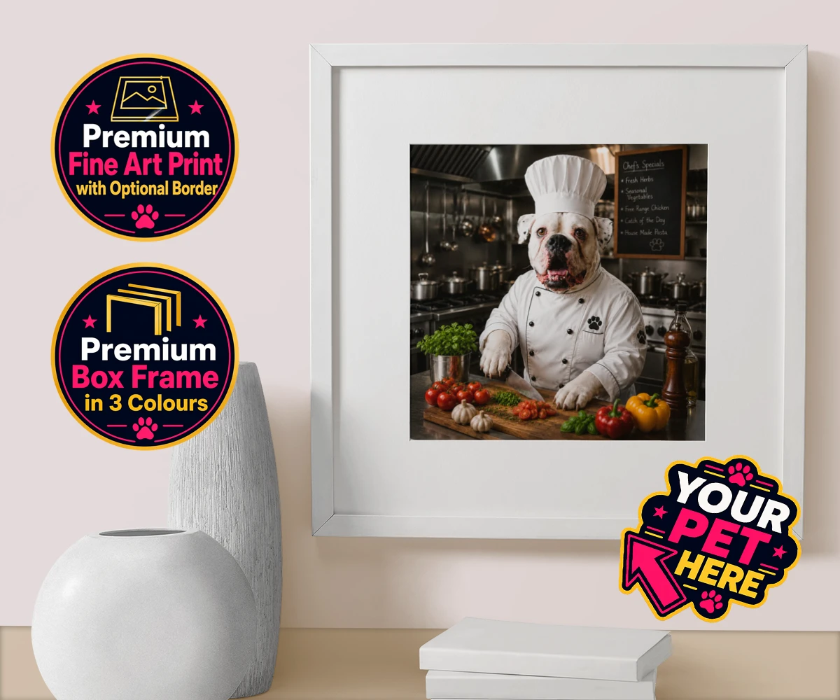 Personalised Master Paw Chef dog box framed print featuring meet Master Paw Chef, the culinary canine ready to whisk you away into